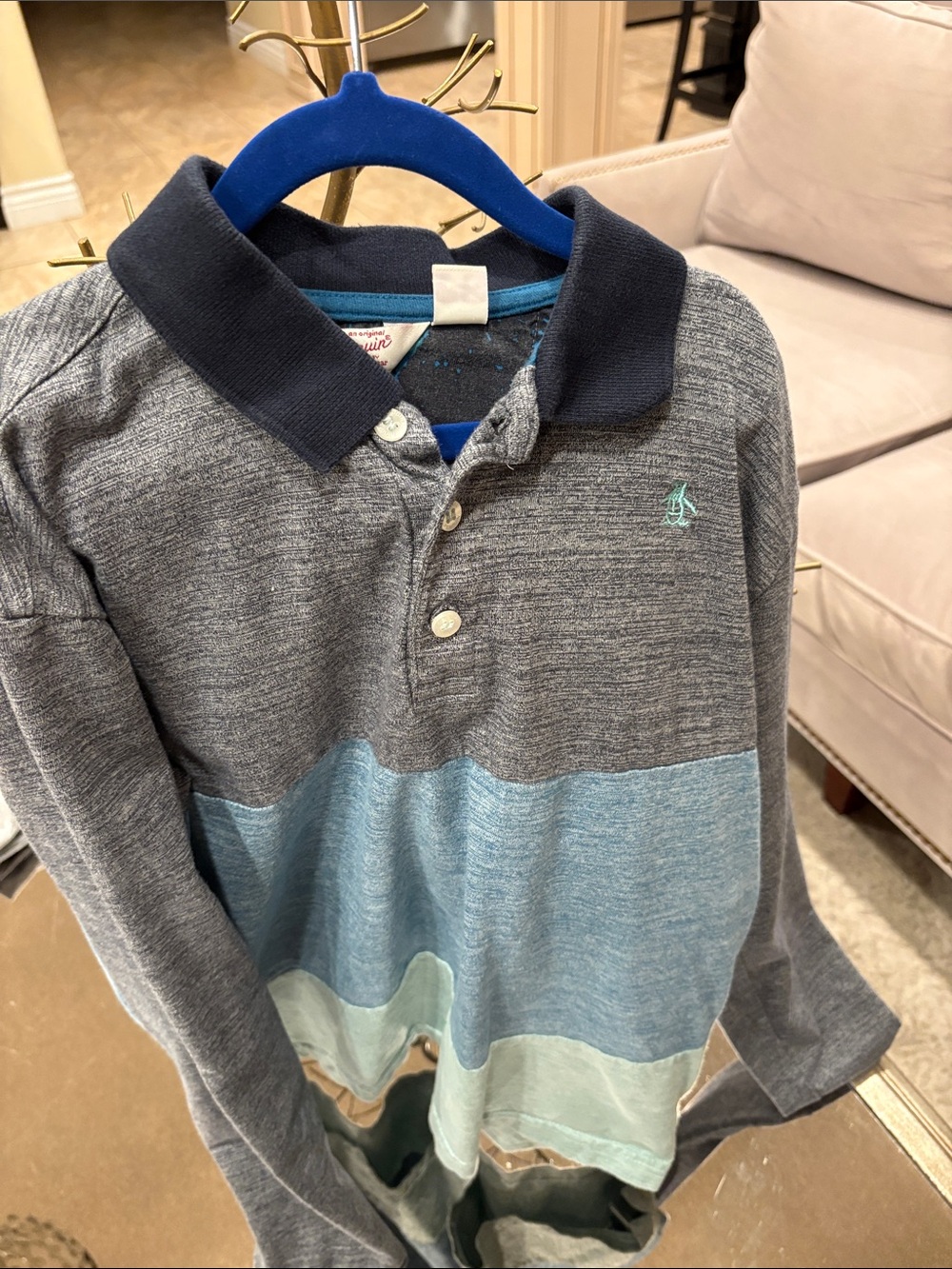 Original Penguin Boys Long-Sleeve Colorblock Polo in Gray and Blue